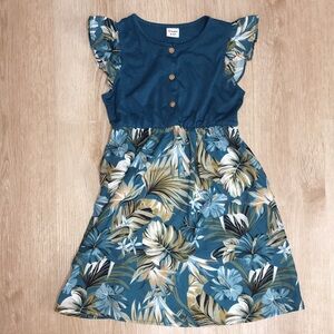 PatPat 4/5 Girl’s Tropical Leaf Print Blue Green Gray Cream Dress